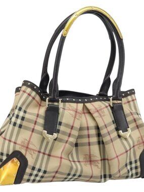 BURBERRY Nova Check Hand Bag PVC Beige Gold Auth 172518